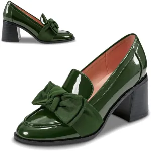 SHODENSE Women Chunky Stacked Heel Bow Pumps Shoes Round Closed Toe Slip On Oxford Loafer Shoes Patent Leather Mid Block Heels Dress Loafer Two-Toned Office Work Penny Loafers Wedding Party 4-11 M US
