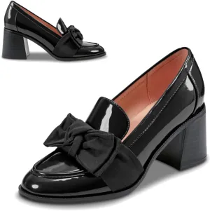 SHODENSE Women Chunky Stacked Heel Bow Pumps Shoes Round Closed Toe Slip On Oxford Loafer Shoes Patent Leather Mid Block Heels Dress Loafer Two-Toned Office Work Penny Loafers Wedding Party 4-11 M US