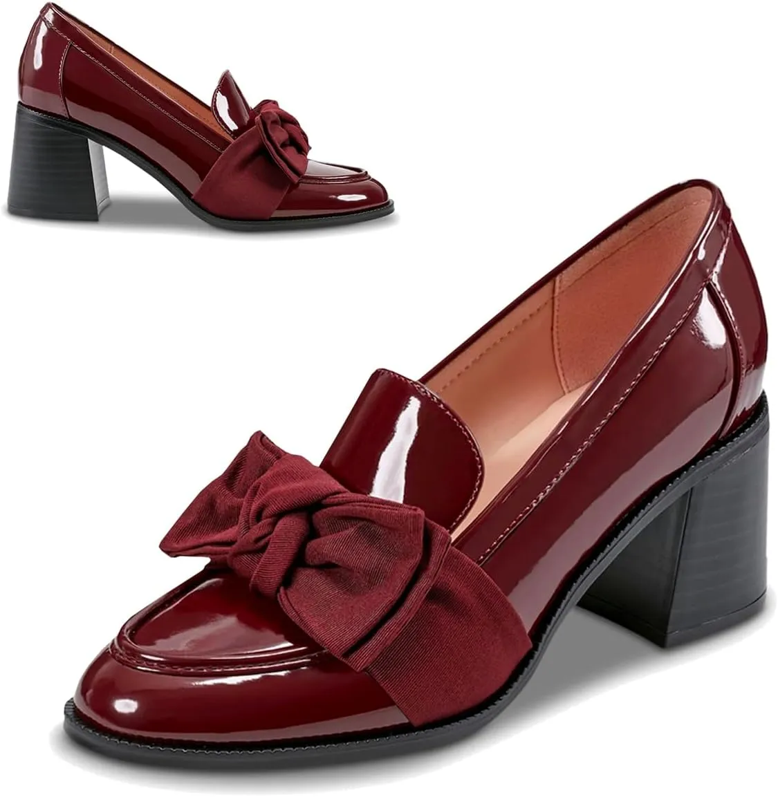 SHODENSE Women Chunky Stacked Heel Bow Pumps Shoes Round Closed Toe Slip On Oxford Loafer Shoes Patent Leather Mid Block Heels Dress Loafer Two-Toned Office Work Penny Loafers Wedding Party 4-11 M US