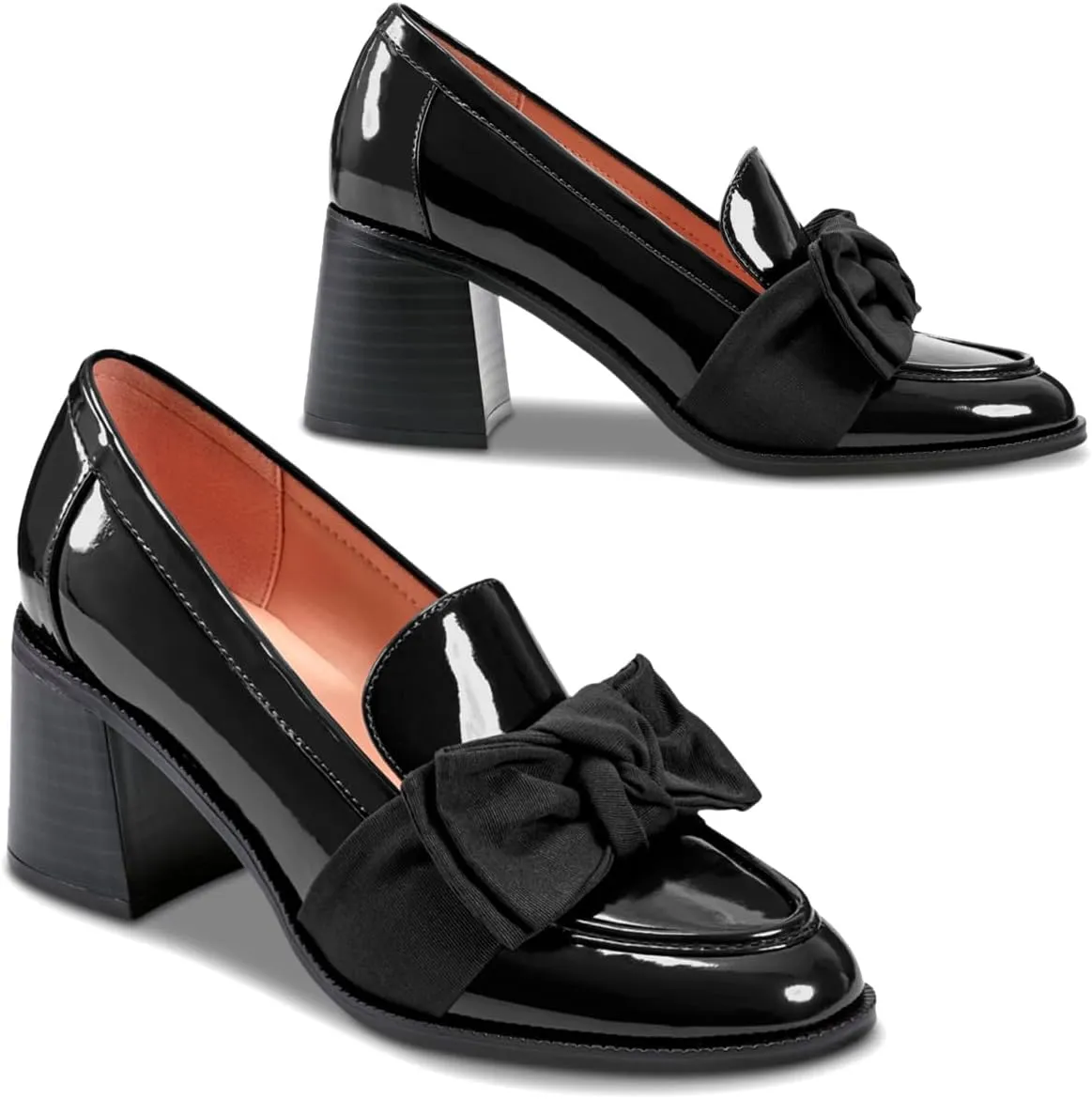 SHODENSE Women Chunky Stacked Heel Bow Pumps Shoes Round Closed Toe Slip On Oxford Loafer Shoes Patent Leather Mid Block Heels Dress Loafer Two-Toned Office Work Penny Loafers Wedding Party 4-11 M US
