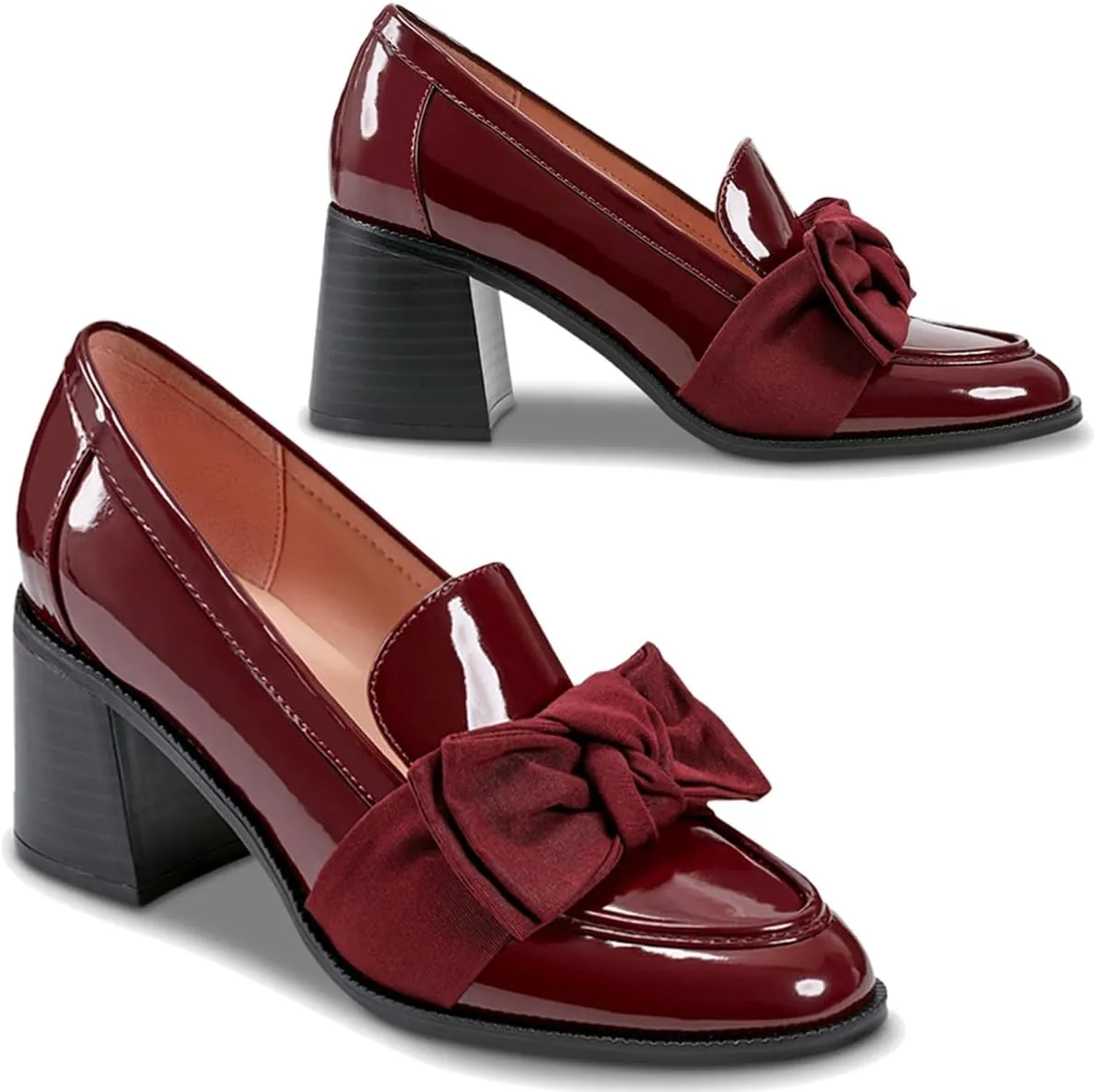 SHODENSE Women Chunky Stacked Heel Bow Pumps Shoes Round Closed Toe Slip On Oxford Loafer Shoes Patent Leather Mid Block Heels Dress Loafer Two-Toned Office Work Penny Loafers Wedding Party 4-11 M US