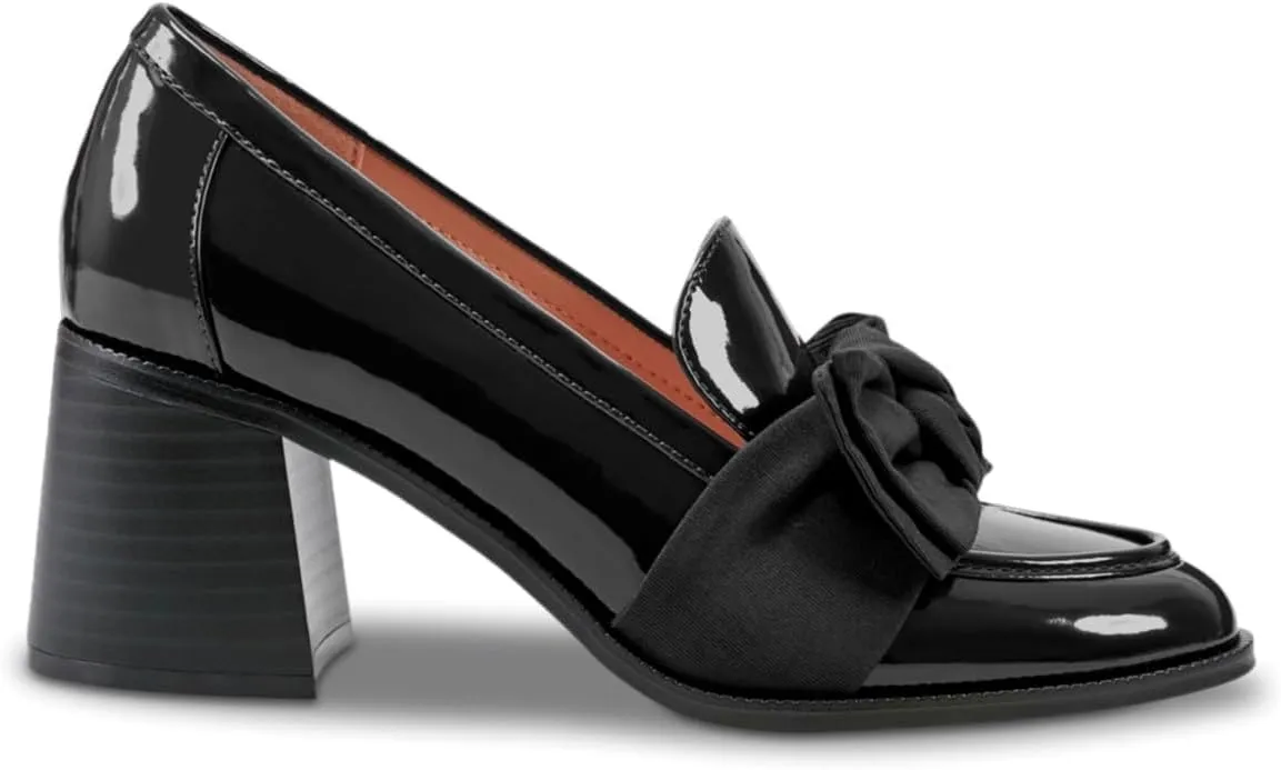 SHODENSE Women Chunky Stacked Heel Bow Pumps Shoes Round Closed Toe Slip On Oxford Loafer Shoes Patent Leather Mid Block Heels Dress Loafer Two-Toned Office Work Penny Loafers Wedding Party 4-11 M US