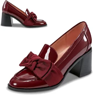 SHODENSE Women Chunky Stacked Heel Bow Pumps Shoes Round Closed Toe Slip On Oxford Loafer Shoes Patent Leather Mid Block Heels Dress Loafer Two-Toned Office Work Penny Loafers Wedding Party 4-11 M US