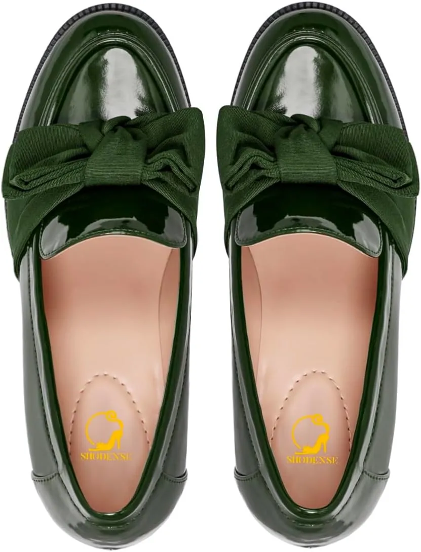 SHODENSE Women Chunky Stacked Heel Bow Pumps Shoes Round Closed Toe Slip On Oxford Loafer Shoes Patent Leather Mid Block Heels Dress Loafer Two-Toned Office Work Penny Loafers Wedding Party 4-11 M US