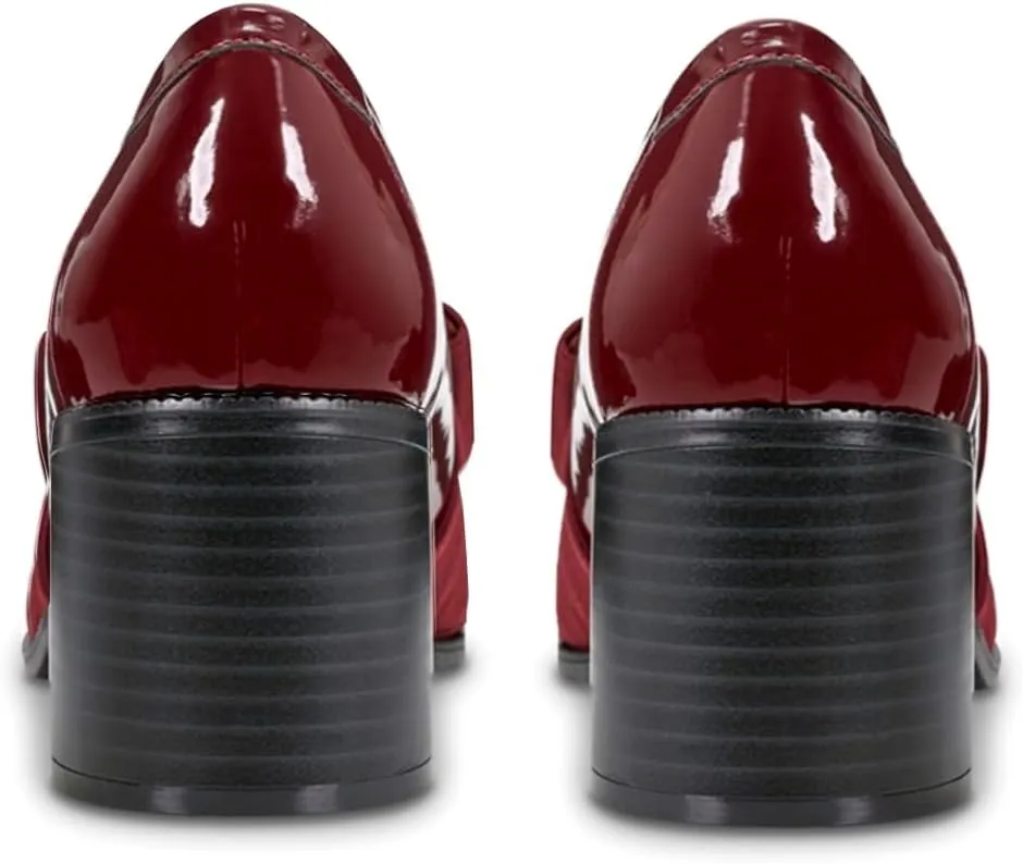 SHODENSE Women Chunky Stacked Heel Bow Pumps Shoes Round Closed Toe Slip On Oxford Loafer Shoes Patent Leather Mid Block Heels Dress Loafer Two-Toned Office Work Penny Loafers Wedding Party 4-11 M US