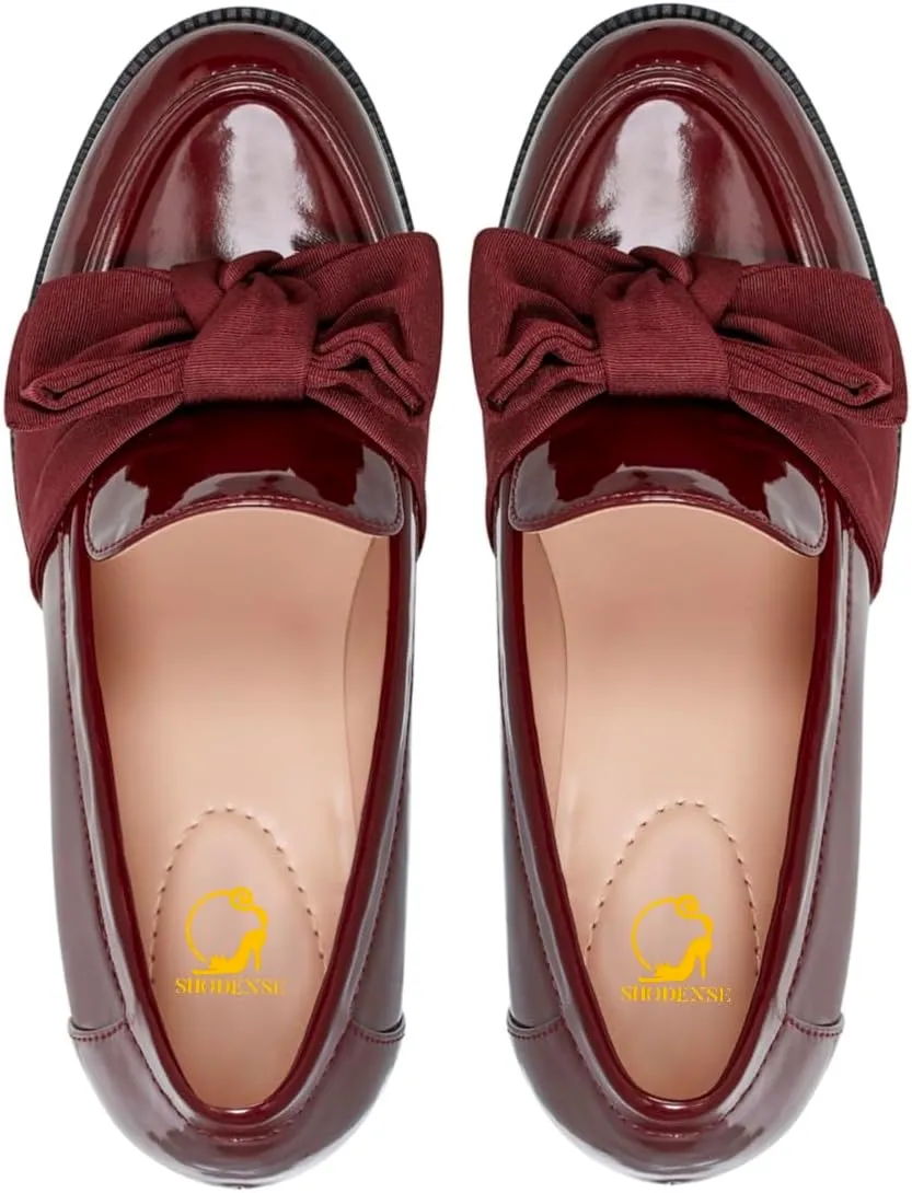 SHODENSE Women Chunky Stacked Heel Bow Pumps Shoes Round Closed Toe Slip On Oxford Loafer Shoes Patent Leather Mid Block Heels Dress Loafer Two-Toned Office Work Penny Loafers Wedding Party 4-11 M US