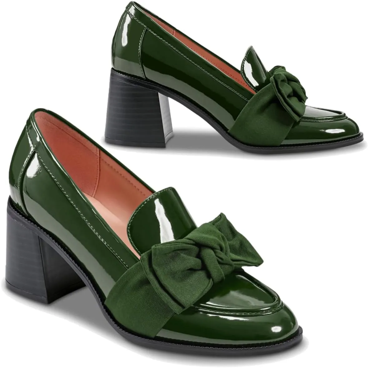 SHODENSE Women Chunky Stacked Heel Bow Pumps Shoes Round Closed Toe Slip On Oxford Loafer Shoes Patent Leather Mid Block Heels Dress Loafer Two-Toned Office Work Penny Loafers Wedding Party 4-11 M US