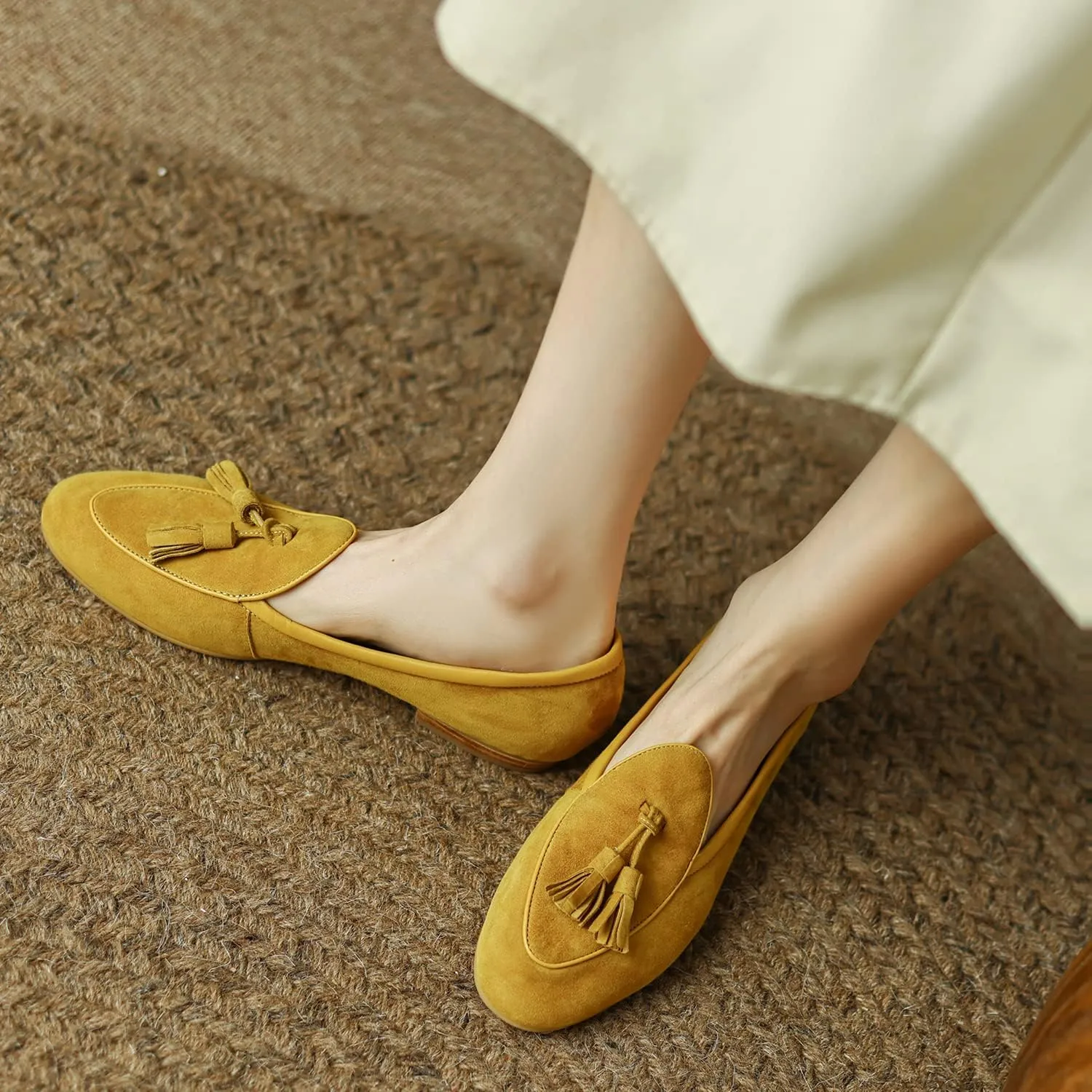 SHODENSE Women Low Chunky Heel Loafer Flats Suede Tassel Slip On Penny Loafers Round Closed Toe Block Heels Flat Shoes Comfortable Pointed Toe Ballet Flats Office Work Driver Flats Smoking 4-11 M US