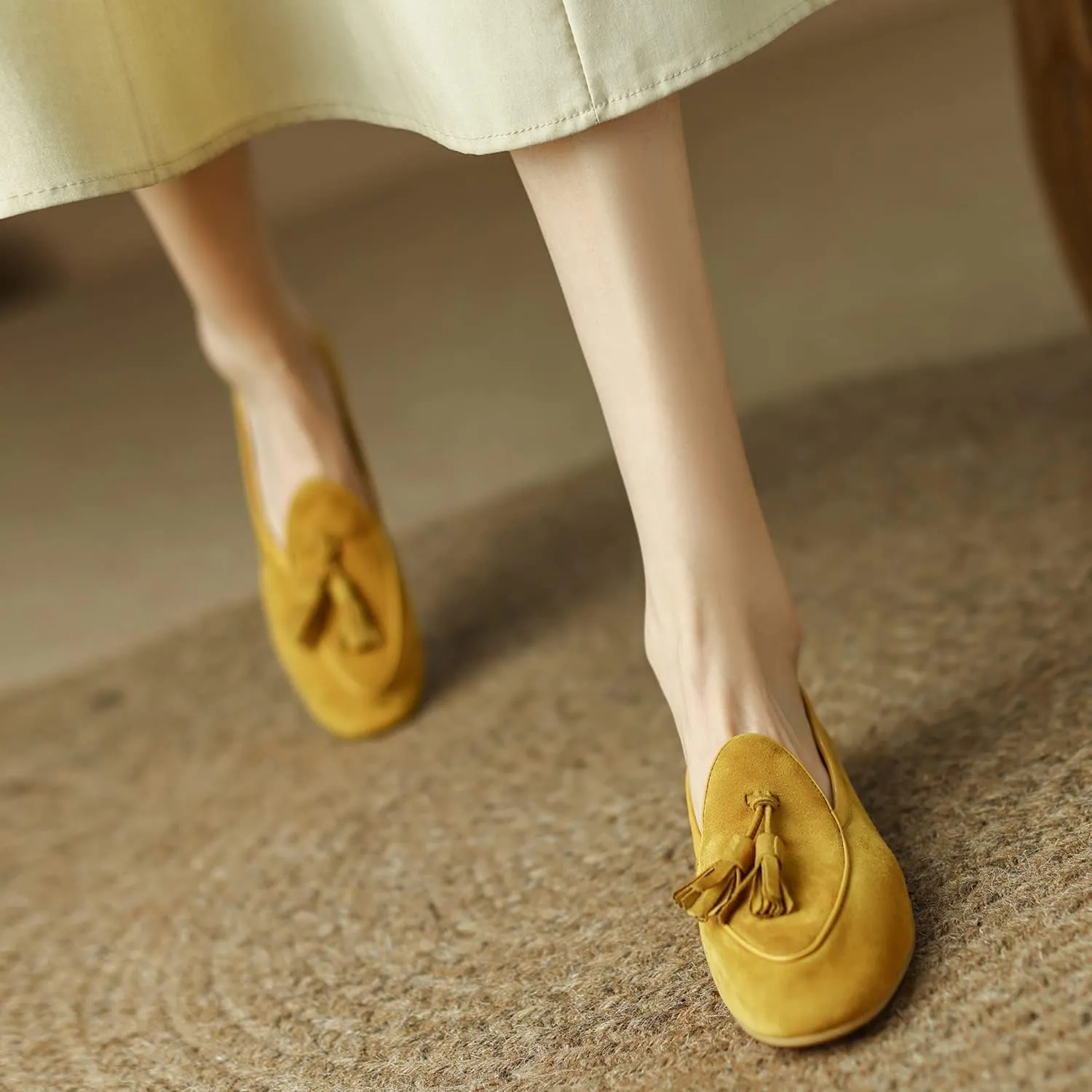 SHODENSE Women Low Chunky Heel Loafer Flats Suede Tassel Slip On Penny Loafers Round Closed Toe Block Heels Flat Shoes Comfortable Pointed Toe Ballet Flats Office Work Driver Flats Smoking 4-11 M US