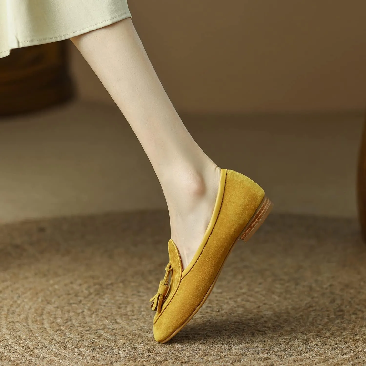 SHODENSE Women Low Chunky Heel Loafer Flats Suede Tassel Slip On Penny Loafers Round Closed Toe Block Heels Flat Shoes Comfortable Pointed Toe Ballet Flats Office Work Driver Flats Smoking 4-11 M US