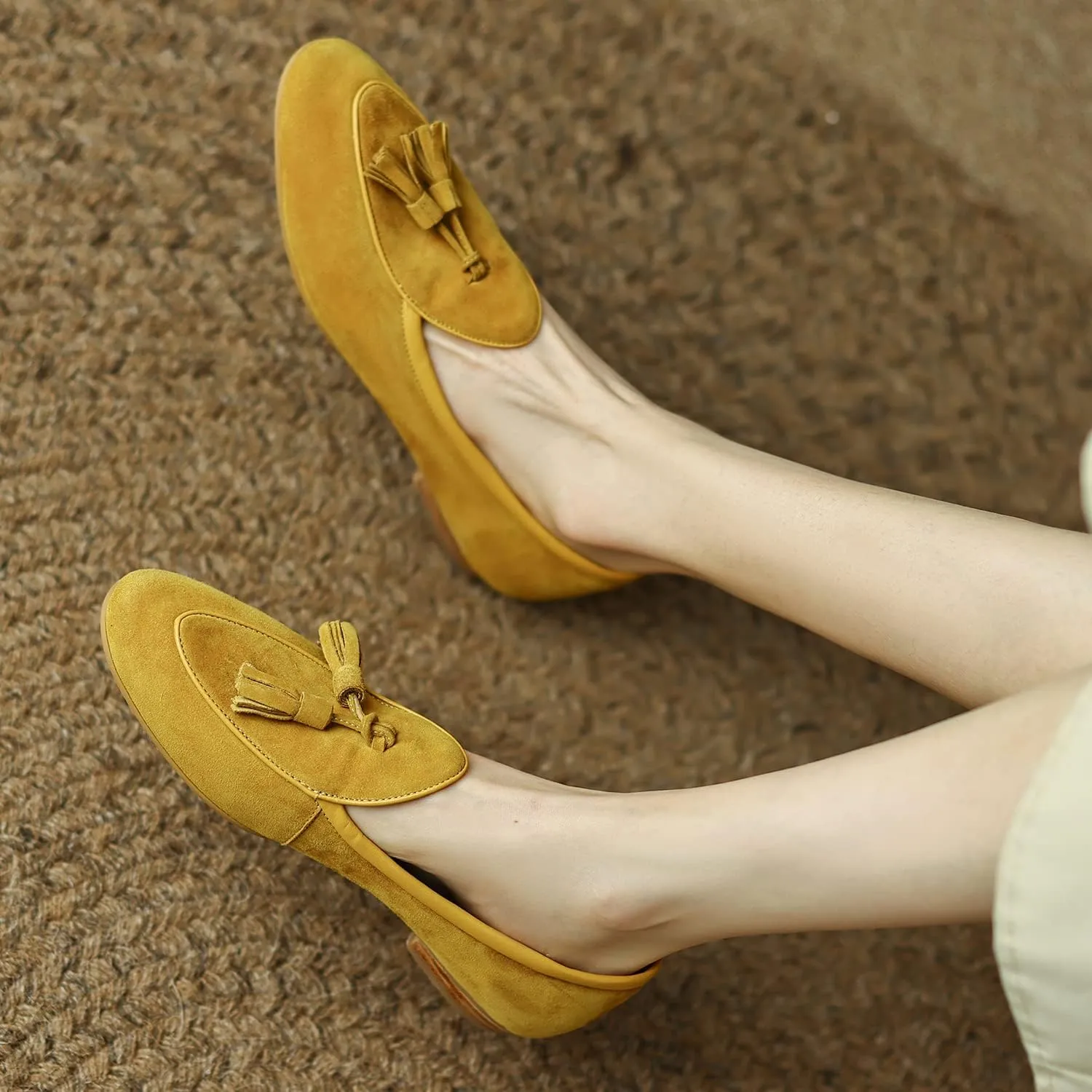 SHODENSE Women Low Chunky Heel Loafer Flats Suede Tassel Slip On Penny Loafers Round Closed Toe Block Heels Flat Shoes Comfortable Pointed Toe Ballet Flats Office Work Driver Flats Smoking 4-11 M US