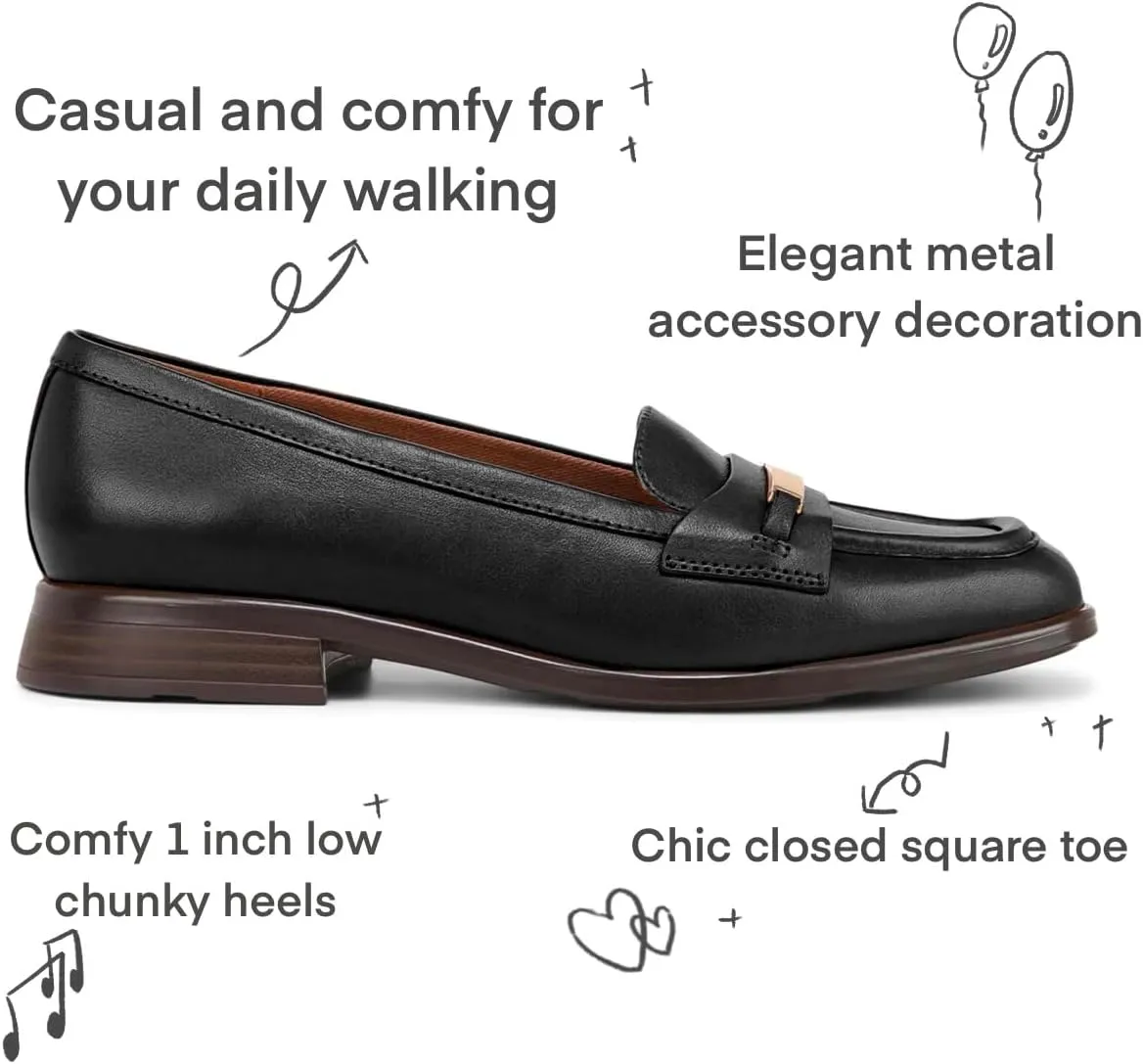 SHODENSE Women Square Toe Loafers Slip On Low Chunky Heel Penny Loafers Shoes Two Tone 1 inch Block Heel Dress Shoes Matte Vintage Classic Walking Drive Loafers Office Casual Size 4-11 M US