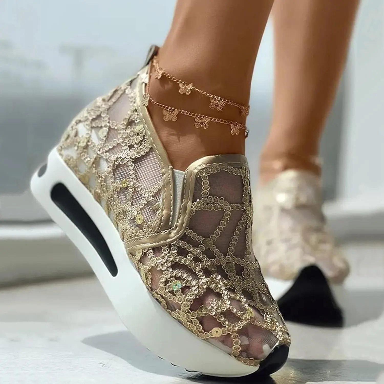 Slip On Sneakers Women Platform Wedge Sneakers Fashion Embroidery Floral Mesh Air Comfort Chunky Sole Hidden High Heels Slip On Loafers Breathable Walking Shoes with Arch Support