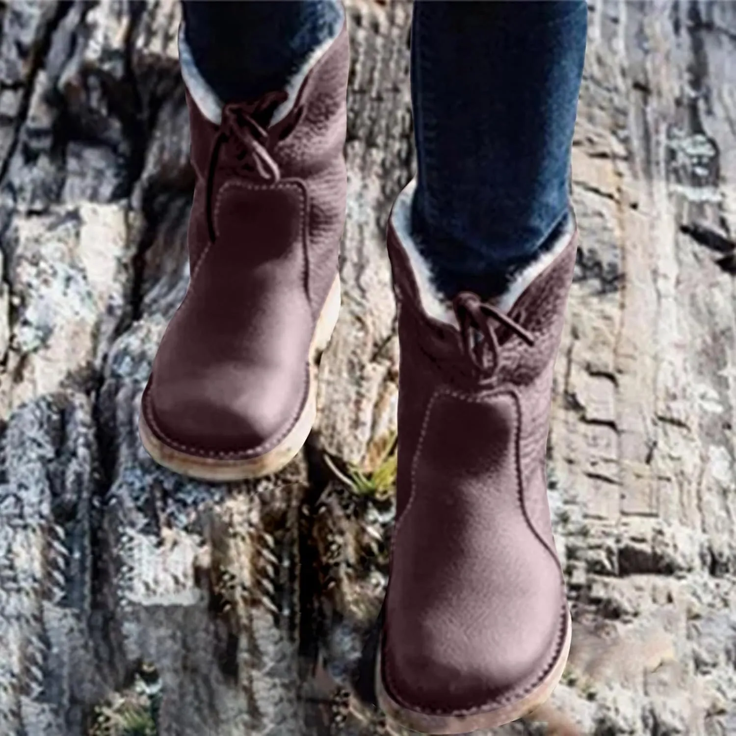 Snow Boots for Women Mid Calf,Warm Fur Lined Winter Boots Casual Lace Up Wide Calf Boots Waterproof Leather Boots