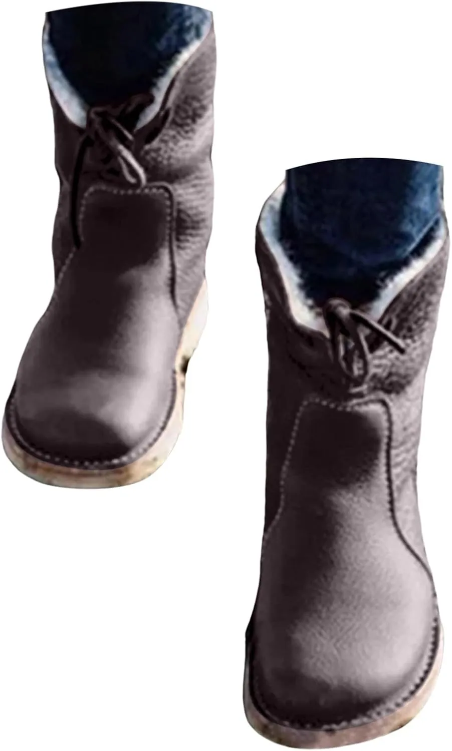 Snow Boots for Women Mid Calf,Warm Fur Lined Winter Boots Casual Lace Up Wide Calf Boots Waterproof Leather Boots