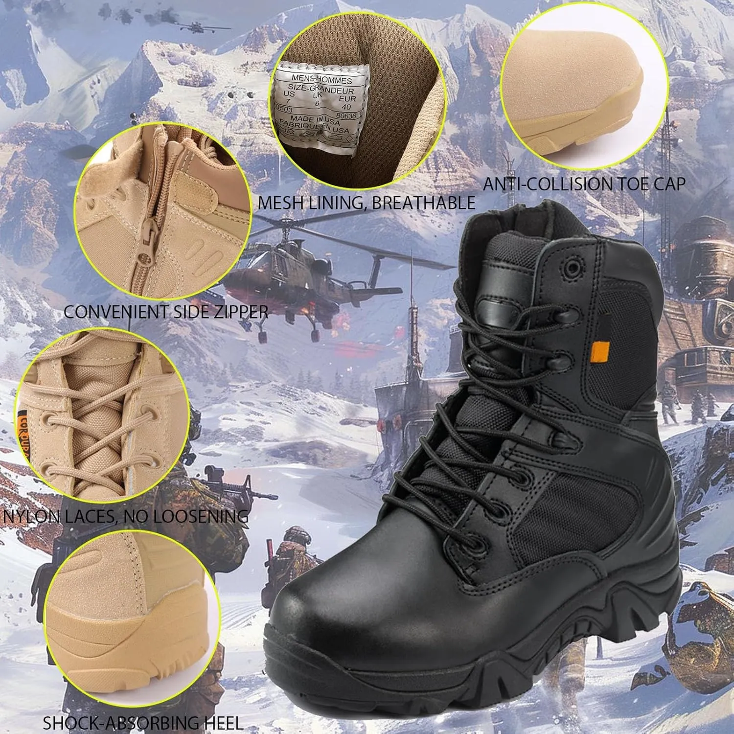 Tactical Combat Boots with Side Zipper | Waterproof, Slip-Resistant, Lightweight Military Boots for Hiking, Trekking, & Work