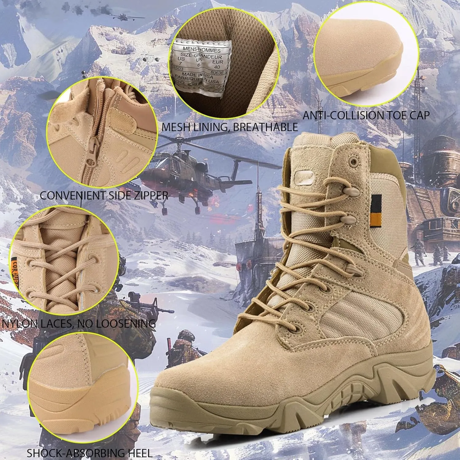 Tactical Combat Boots with Side Zipper | Waterproof, Slip-Resistant, Lightweight Military Boots for Hiking, Trekking, & Work