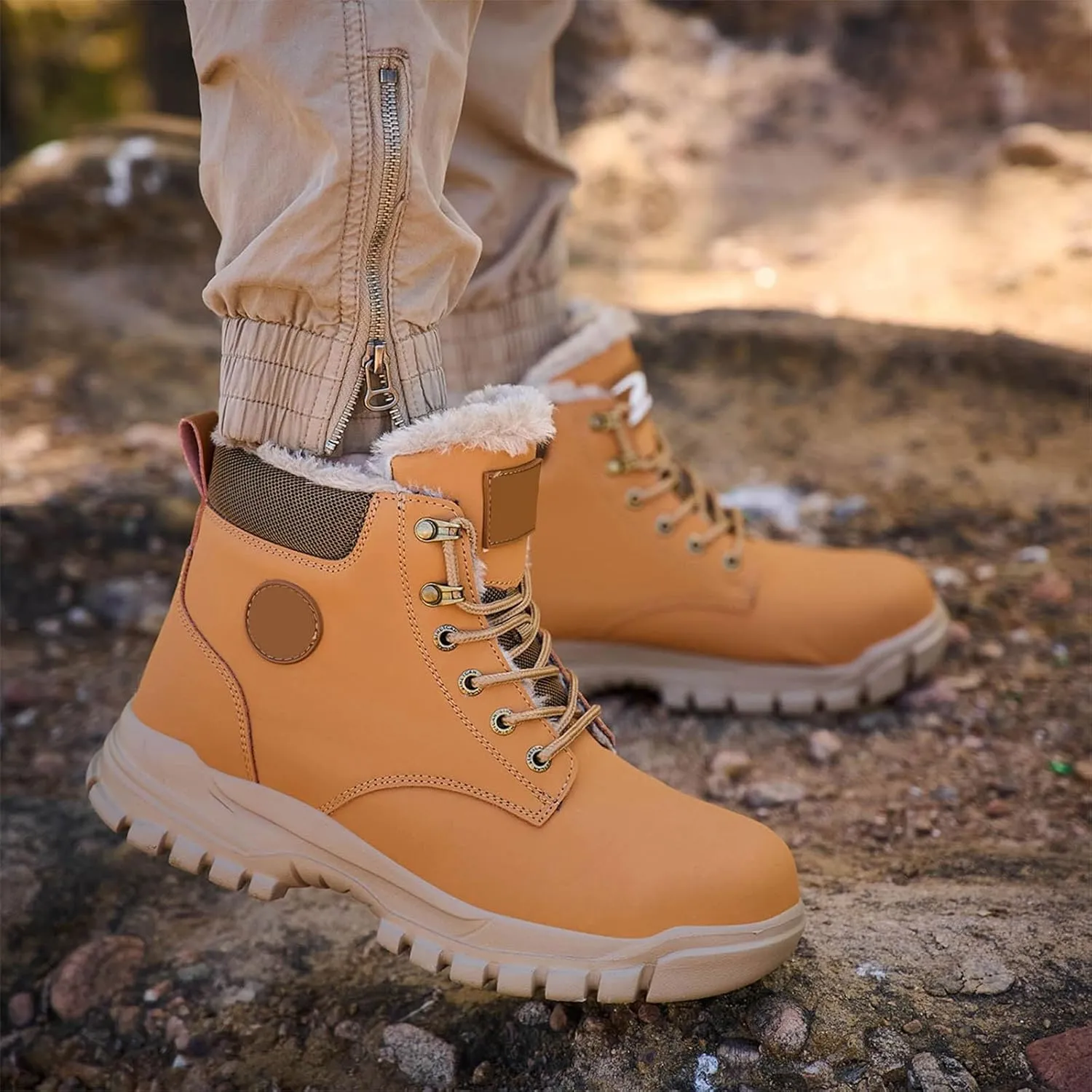 Thick Bottom Non Slip Boots for Men Fleece Lined Warm Ankle Boots Lace Up Non Slip Winter Cold Weather Hiking Boots Men