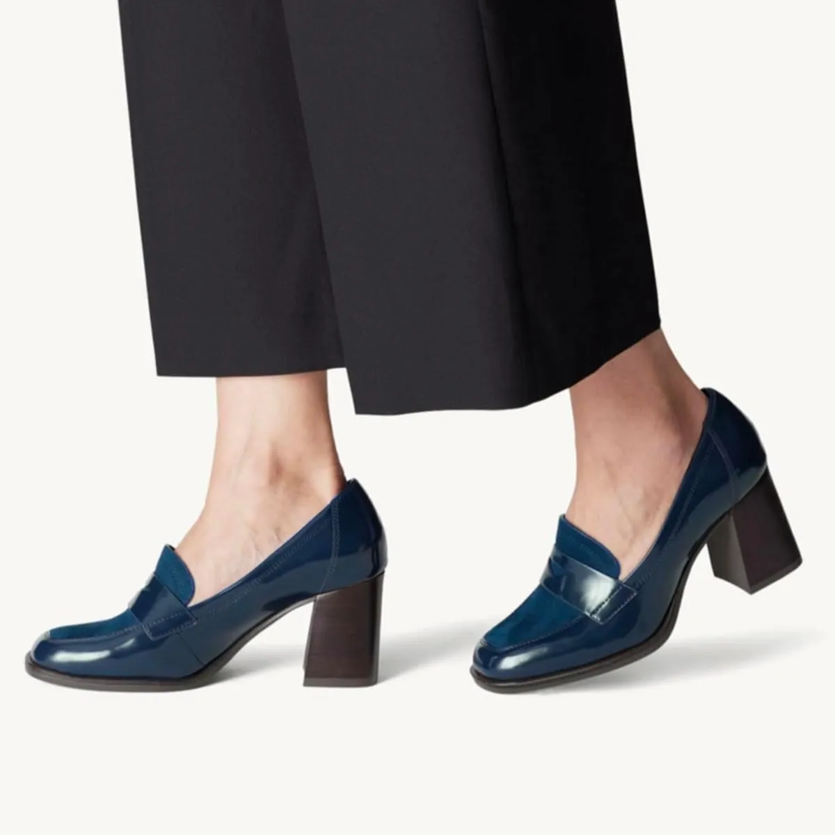 Women Chunky Block Heel Loafer Pumps Square Toe Slip On Loafer High Heels Patchwork Patent Suede Office Loafers Pumps 3 inch Thick Heels Penny Loafers Classic Retro Comfy 4-11 M US