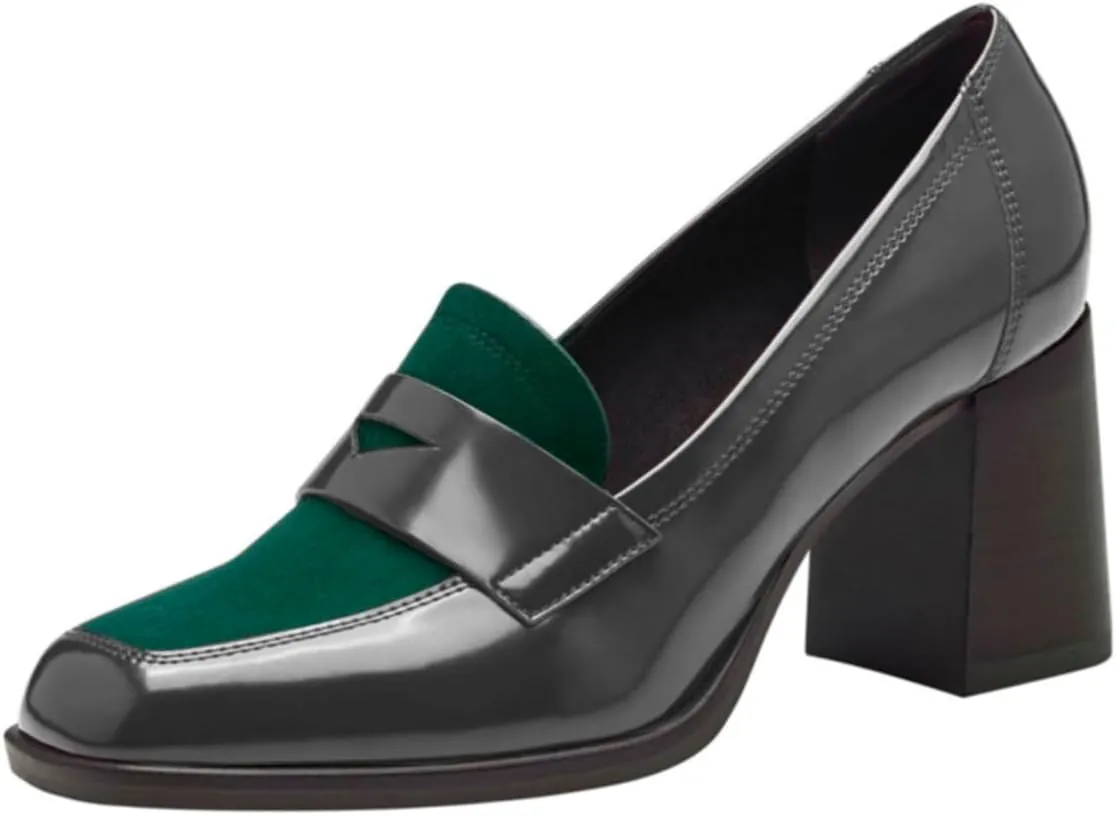 Women Chunky Block Heel Loafer Pumps Square Toe Slip On Loafer High Heels Patchwork Patent Suede Office Loafers Pumps 3 inch Thick Heels Penny Loafers Classic Retro Comfy 4-11 M US