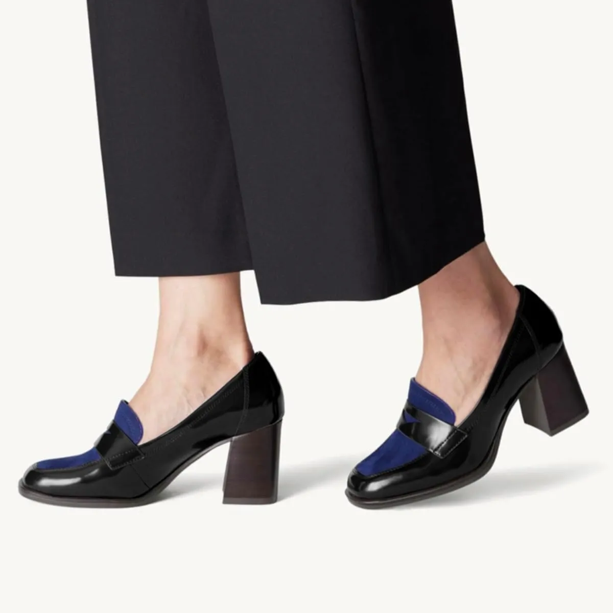 Women Chunky Block Heel Loafer Pumps Square Toe Slip On Loafer High Heels Patchwork Patent Suede Office Loafers Pumps 3 inch Thick Heels Penny Loafers Classic Retro Comfy 4-11 M US