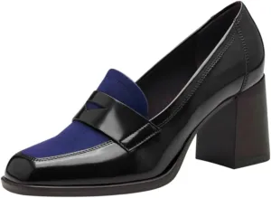 Women Chunky Block Heel Loafer Pumps Square Toe Slip On Loafer High Heels Patchwork Patent Suede Office Loafers Pumps 3 inch Thick Heels Penny Loafers Classic Retro Comfy 4-11 M US