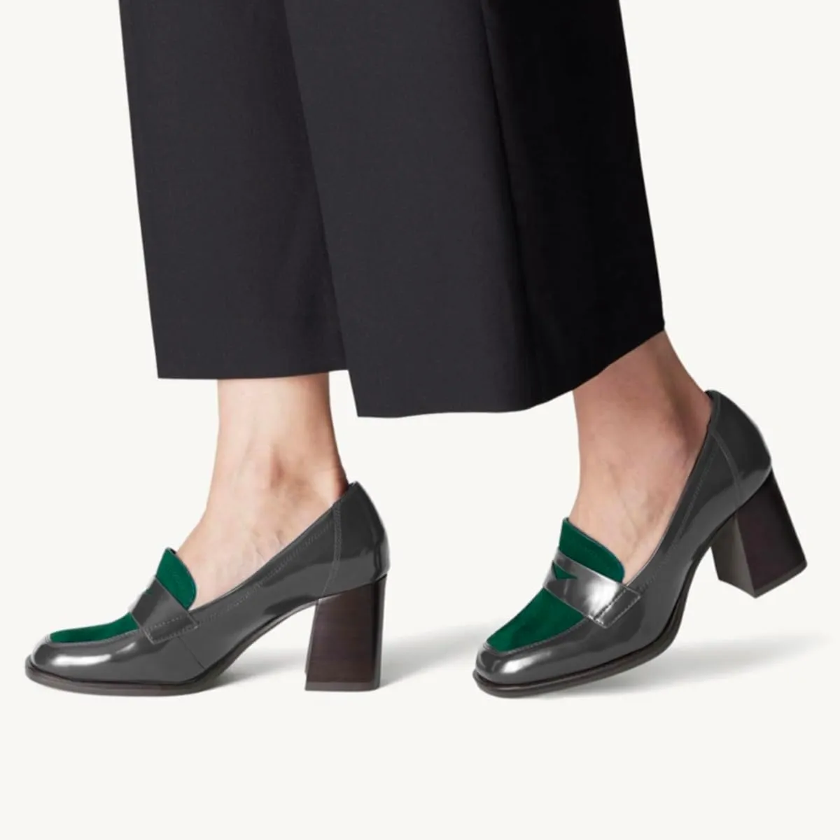 Women Chunky Block Heel Loafer Pumps Square Toe Slip On Loafer High Heels Patchwork Patent Suede Office Loafers Pumps 3 inch Thick Heels Penny Loafers Classic Retro Comfy 4-11 M US