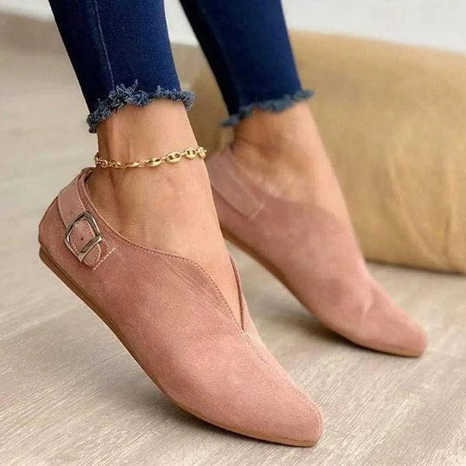 Women Pointed Toe Single Shoes Suede Flock Casual Flats Buckle Strap Loafers Shoes