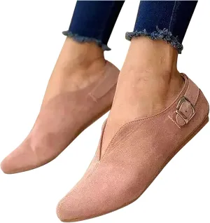 Women Pointed Toe Single Shoes Suede Flock Casual Flats Buckle Strap Loafers Shoes