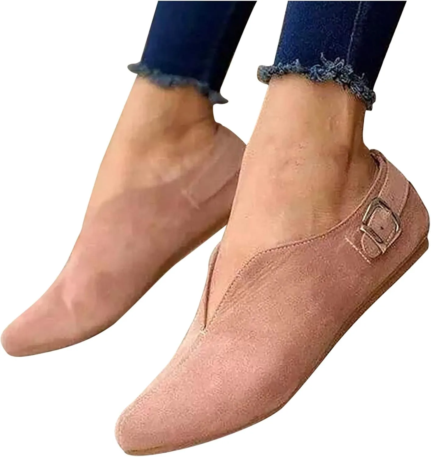 Women Pointed Toe Single Shoes Suede Flock Casual Flats Buckle Strap Loafers Shoes
