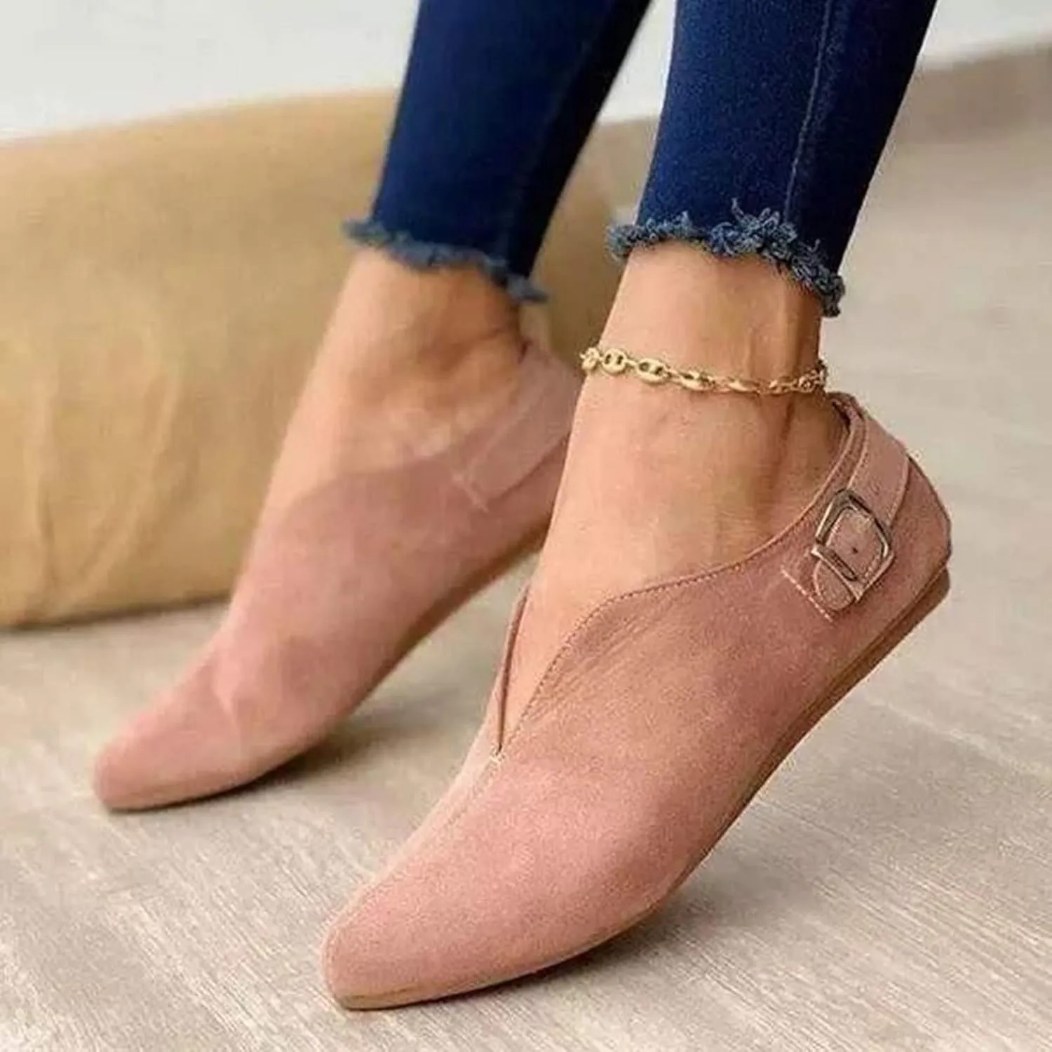 Women Pointed Toe Single Shoes Suede Flock Casual Flats Buckle Strap Loafers Shoes