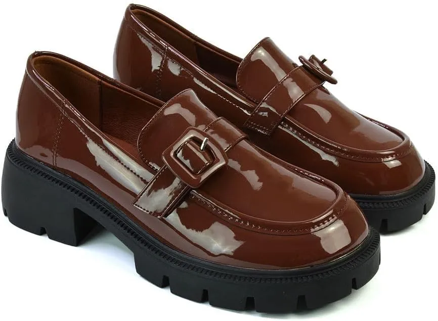 Womens Chunky Loafers Ladies Slip On Low Heel Platform Pumps Felixble Cussioned Sole Buckle Shoes Size 3-8