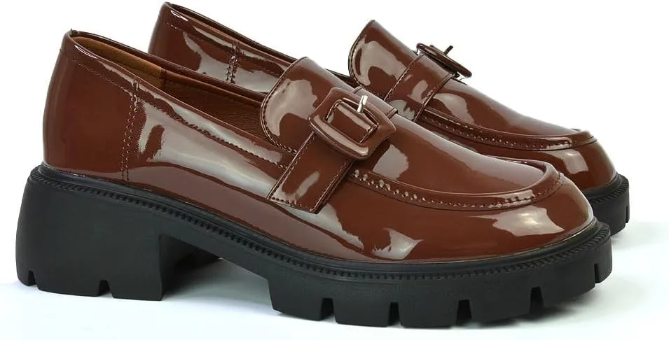Womens Chunky Loafers Ladies Slip On Low Heel Platform Pumps Felixble Cussioned Sole Buckle Shoes Size 3-8