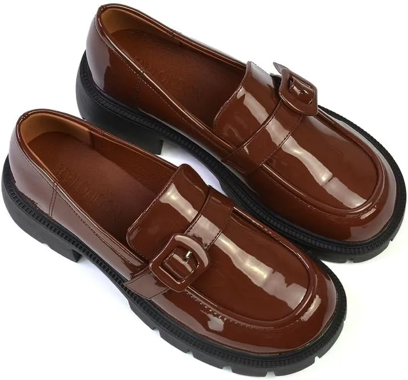 Womens Chunky Loafers Ladies Slip On Low Heel Platform Pumps Felixble Cussioned Sole Buckle Shoes Size 3-8