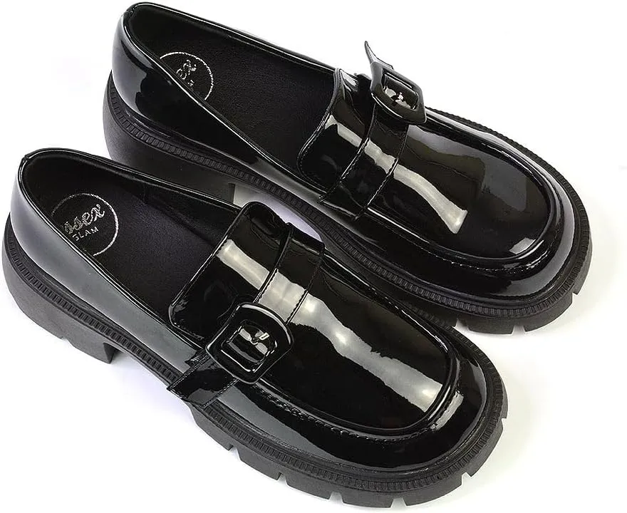 Womens Chunky Sole Loafers Ladies Slip On Low Heel Platform Pumps Felixble Cussioned Sole Buckle Shoes Size 3-8