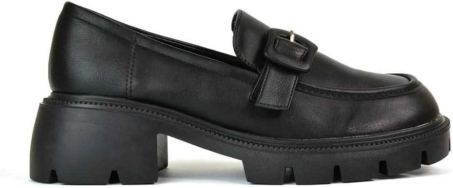 Womens Chunky Sole Loafers Ladies Slip On Low Heel Platform Pumps Felixble Cussioned Sole Buckle Shoes Size 3-8