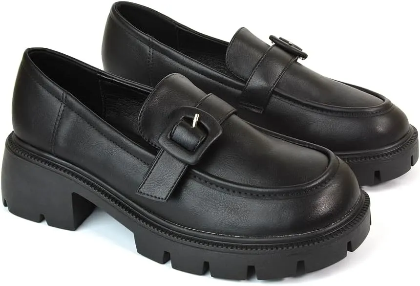 Womens Chunky Sole Loafers Ladies Slip On Low Heel Platform Pumps Felixble Cussioned Sole Buckle Shoes Size 3-8