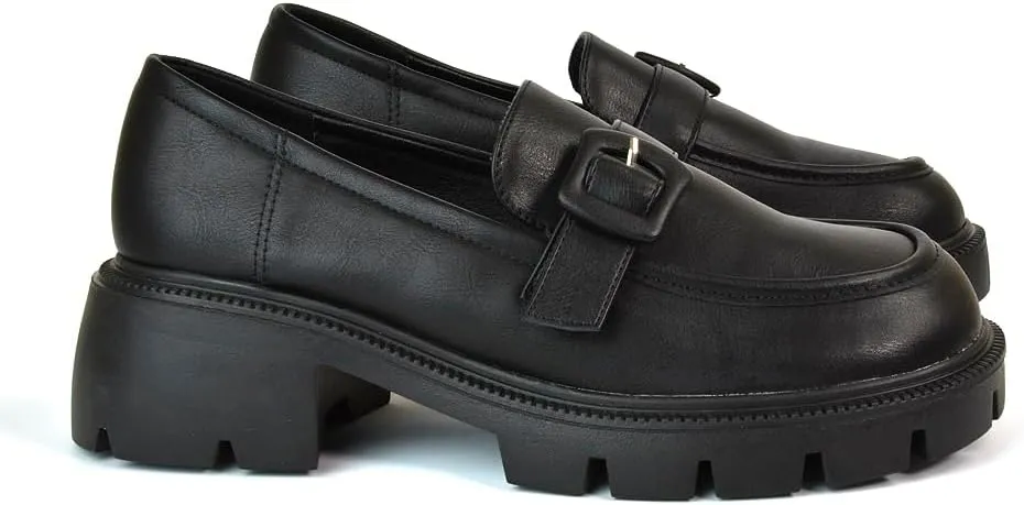 Womens Chunky Sole Loafers Ladies Slip On Low Heel Platform Pumps Felixble Cussioned Sole Buckle Shoes Size 3-8