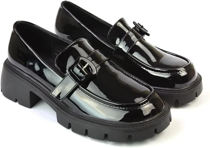 Womens Chunky Sole Loafers Ladies Slip On Low Heel Platform Pumps Felixble Cussioned Sole Buckle Shoes Size 3-8