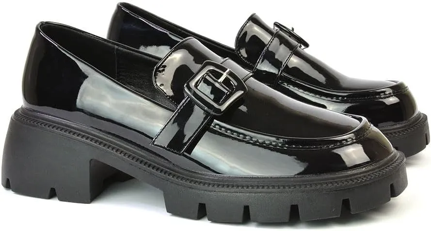 Womens Chunky Sole Loafers Ladies Slip On Low Heel Platform Pumps Felixble Cussioned Sole Buckle Shoes Size 5-10