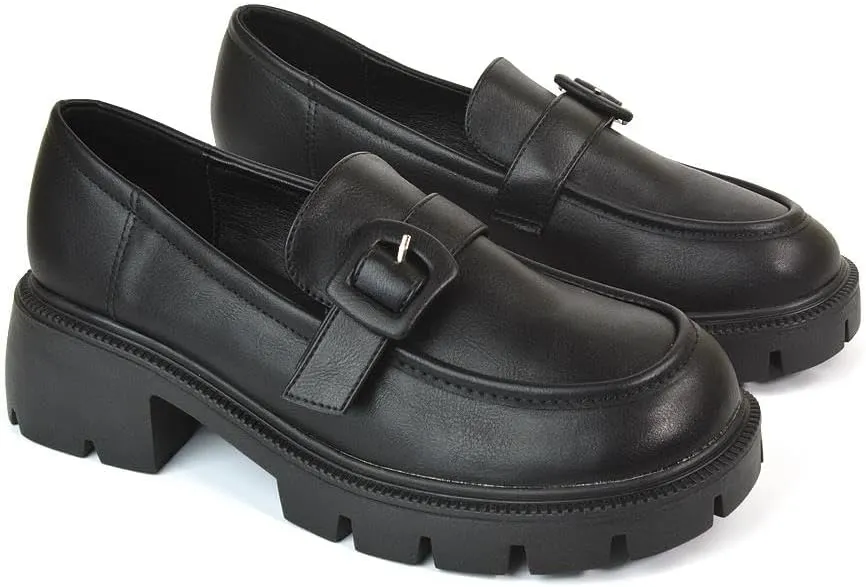 Womens Chunky Sole Loafers Ladies Slip On Low Heel Platform Pumps Felixble Cussioned Sole Buckle Shoes Size 5-10