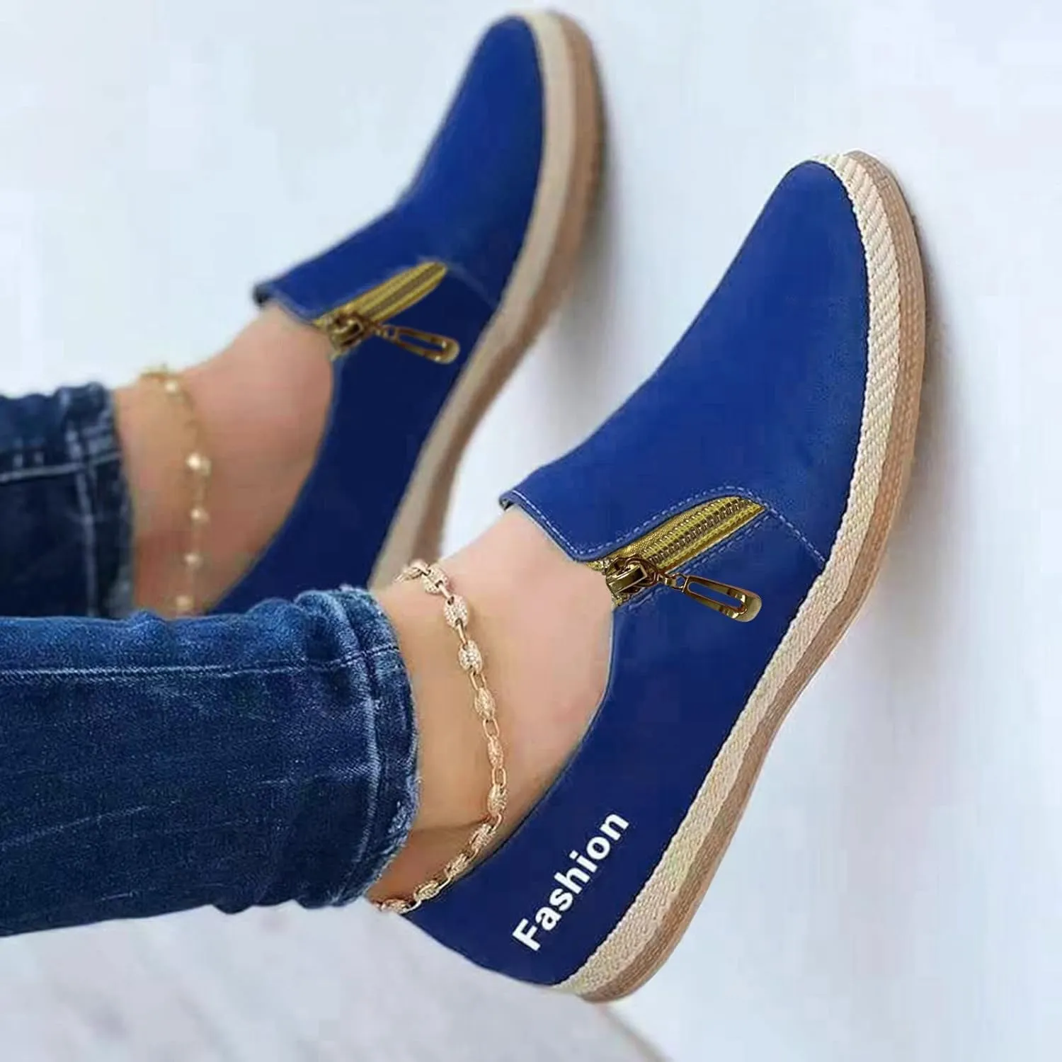 Women's Loafers Casual Shoes Ladies Fashion Solid Color Round Toe Shallow Mouth Side Zipper Flat Casual Shoes Espadrilles Workout Gym Outdoor Shoes