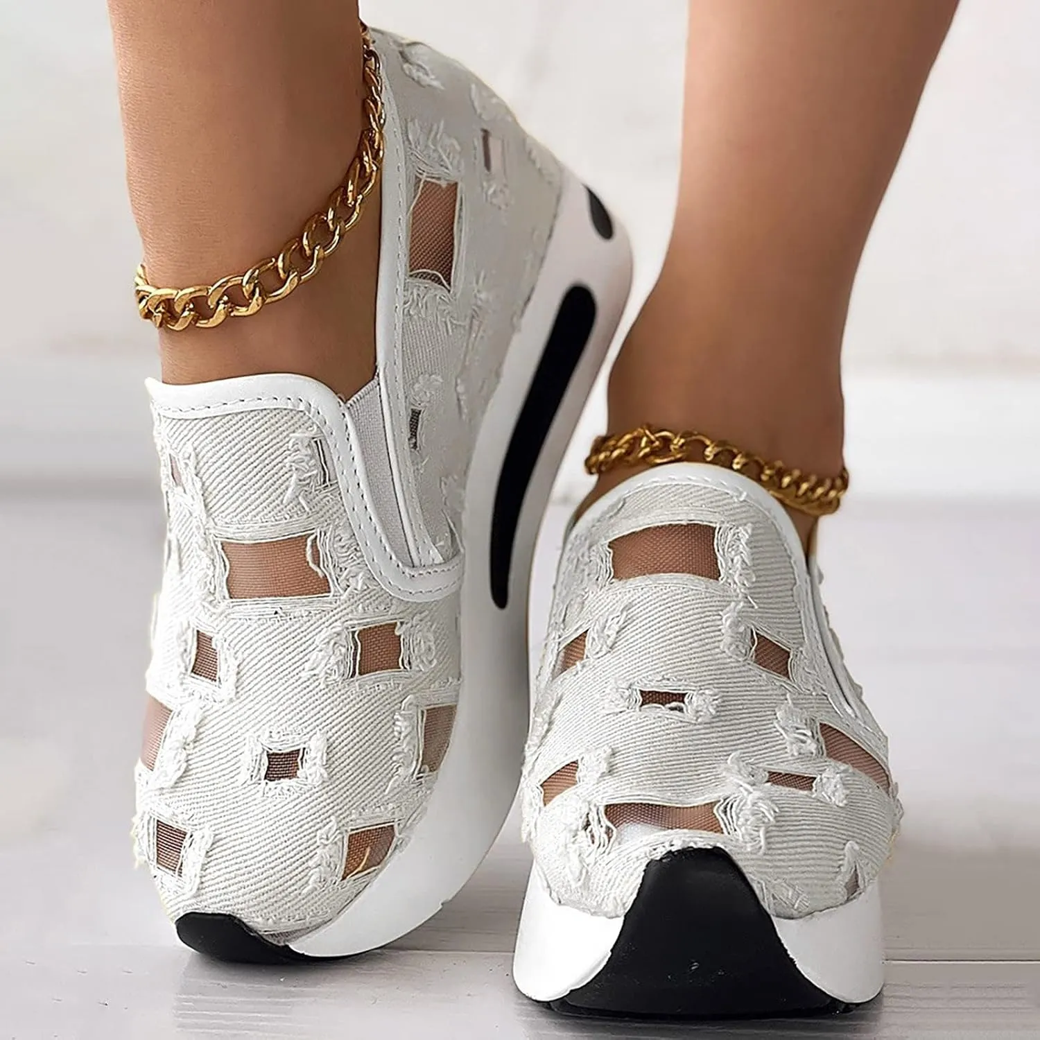 Womens Platform Sneakers Embroidery Floral Mesh Hollow Out Breathable Sneakers Chunky Sole Wedge Athletic Tennis Walking Shoes Slip On Lightweight Non Slip Work Shoes