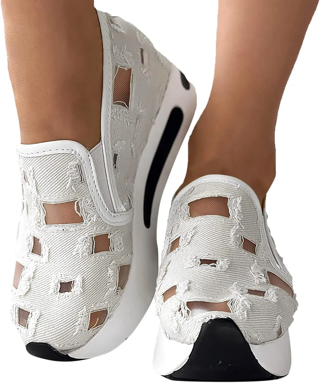 Womens Platform Sneakers Embroidery Floral Mesh Hollow Out Breathable Sneakers Chunky Sole Wedge Athletic Tennis Walking Shoes Slip On Lightweight Non Slip Work Shoes