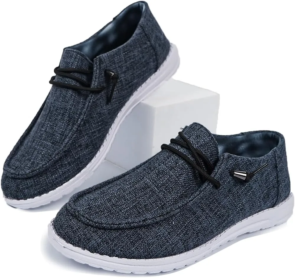 Women's Solid Color Textured Canvas Flat Shoes, Round Toe Lace-up Tied Slip-on Casual Dressy Loafers, Ultralight Comfortable Easy-Walk Anti-Slip Sneakers, Grey/Beige, All Season Fit, Size6-10