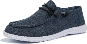 Women's Solid Color Textured Canvas Flat Shoes, Round Toe Lace-up Tied Slip-on Casual Dressy Loafers, Ultralight Comfortable Easy-Walk Anti-Slip Sneakers, Grey/Beige, All Season Fit, Size6-10