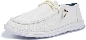 Women's Solid Color Textured Canvas Flat Shoes, Round Toe Lace-up Tied Slip-on Casual Dressy Loafers, Ultralight Comfortable Easy-Walk Anti-Slip Sneakers, Grey/Beige, All Season Fit, Size6-10