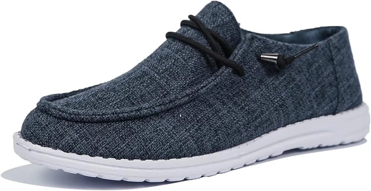 Women's Solid Color Textured Canvas Flat Shoes, Round Toe Lace-up Tied Slip-on Casual Dressy Loafers, Ultralight Comfortable Easy-Walk Anti-Slip Sneakers, Grey/Beige, All Season Fit, Size6-10