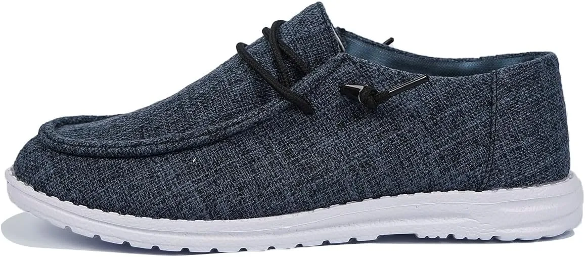 Women's Solid Color Textured Canvas Flat Shoes, Round Toe Lace-up Tied Slip-on Casual Dressy Loafers, Ultralight Comfortable Easy-Walk Anti-Slip Sneakers, Grey/Beige, All Season Fit, Size6-10