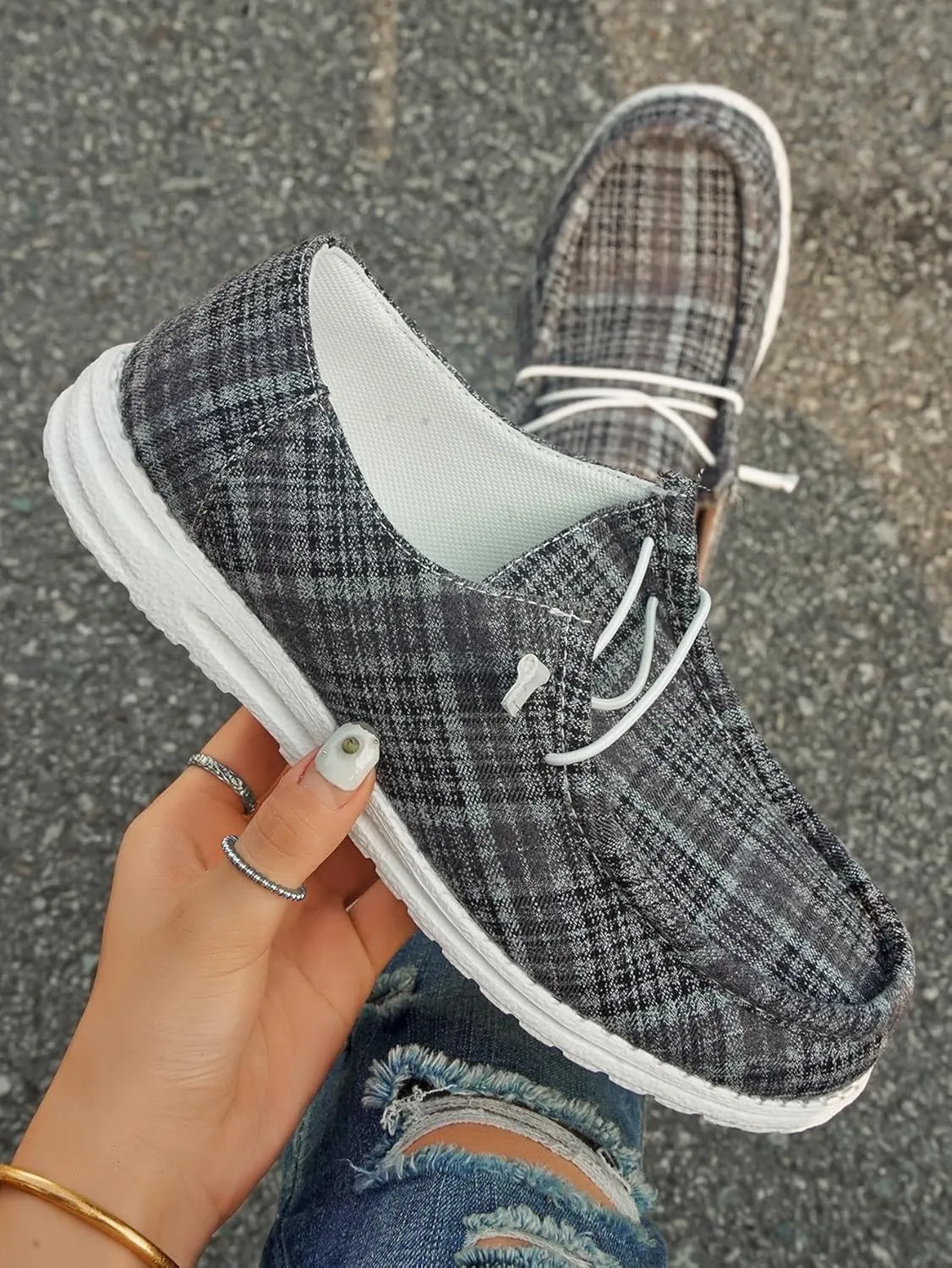 Women's Textured Pattern Lace-up Tied Canvas Flat Shoes, Round Toe Slip-on Casual Dressy Loafers, Lightweight Comfortable Easy-Walk Anti-Slip Sneakers, Grey or Rose-Red, All Season Fit, Size6-11